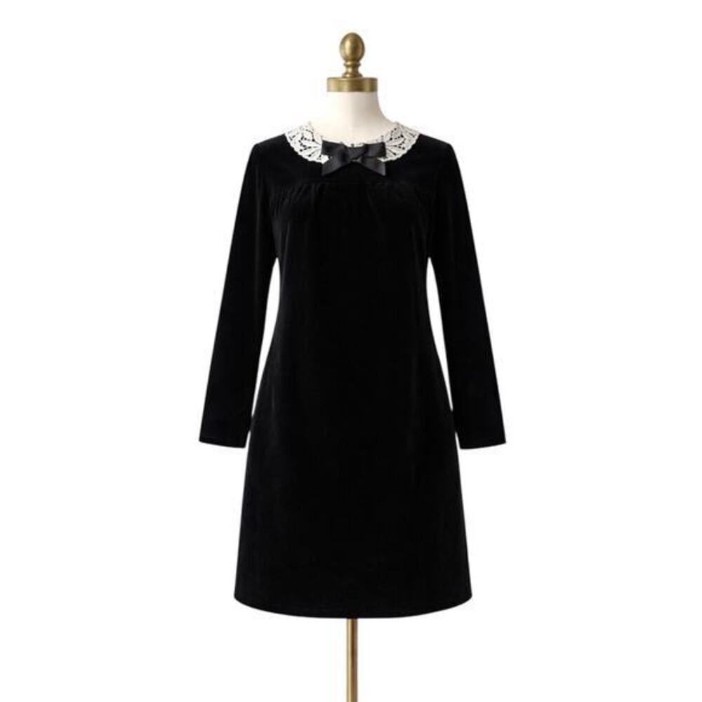 vtg 70s Connie Sage Black Structured Velvet Lace Collar Midi Shift Dress Small